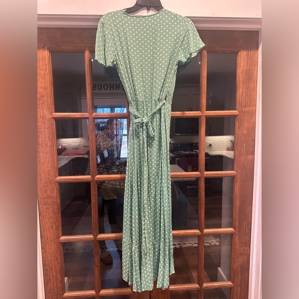 Green & White Flowing Polka Dot Wrap Dress Size Small Snap Top - Picture 7 of 9